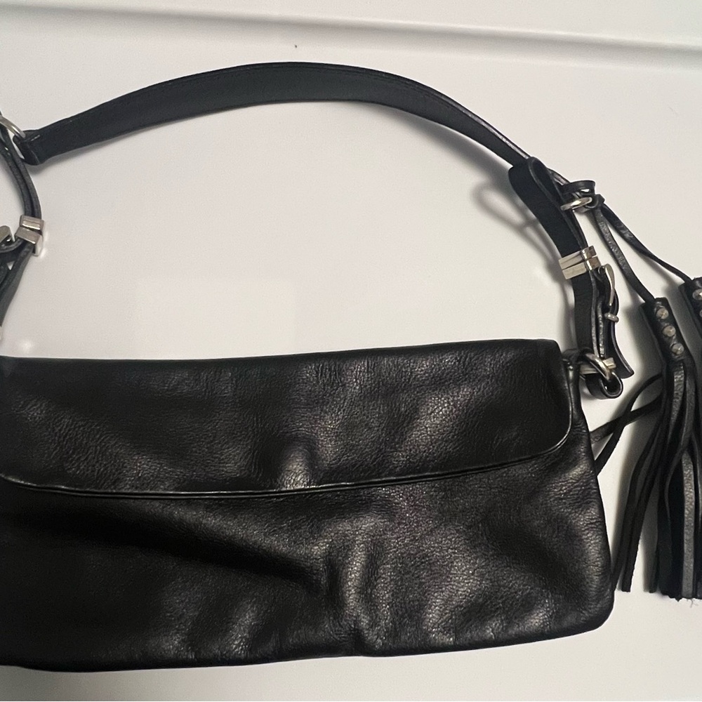 Black Leather Mini Bag with Stud Tassel